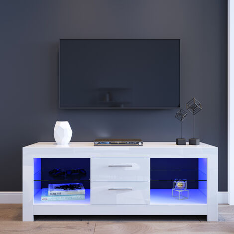 ELEGANT 1300mm Modern High gloss TV Stand Cabinet with LED Light for 22-52 Flat Screen 4k TVs/Living Room Bedroom Furniture TV Cabinet with Shelves and Drawers for Media Storage,White 
