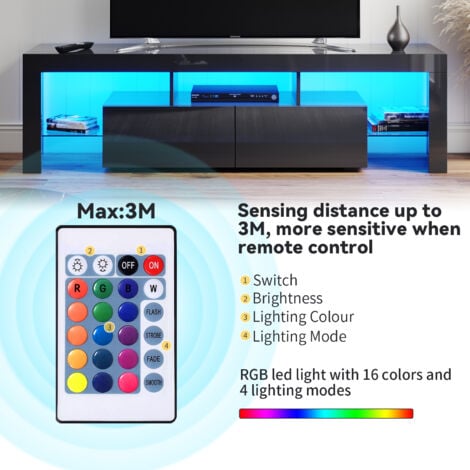 ELEGANT 1600mm Modern Black Gloss TV Unit Stand with LED Ambient Light for 32 40 43 50 52 55 60 inch 4k TV, for Living Room and Bedroom with Storage Furniture