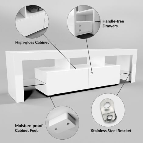 ELEGANT 1600mm Modern High gloss TV Stand Cabinet with Ambient Light for 22"-65" Flat Screen 4k TVs/ Media Storage LED Light TV Cabinet with Shelves and Drawers for Living Room Bedroom Furniture, Whit