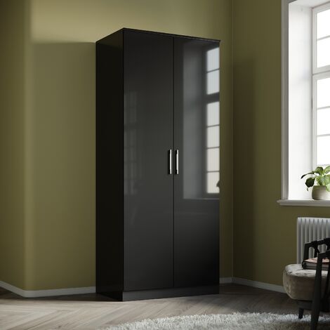 ELEGANT Bedroom Furniture High Gloss Soft Close 2 Doors Wardrobe with Removable Hanging Rod and Storage Shelves, Black