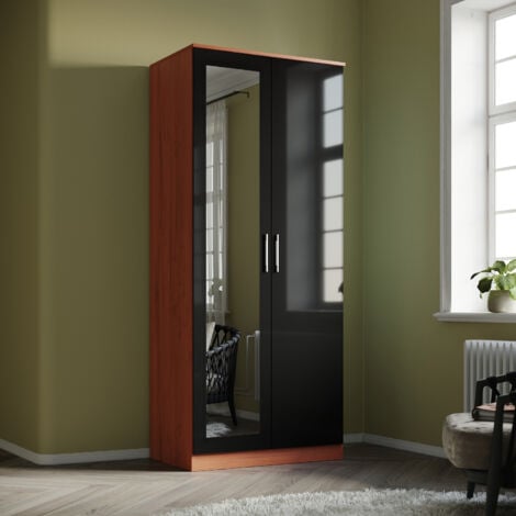 ELEGANT 2 Door Double Wardrobe in Black & Walnut Bedroom Furniture Robe with Hanging Rail and Mirror