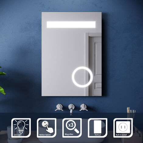 ELEGANT Wall-Mounted Illuminated LED Bathroom Mirror 500x700mm Mirror with 3 Times Magnifying Glass. Shaver Socket