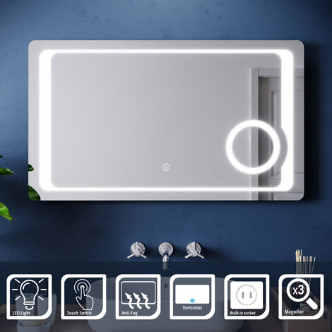 ELEGANT 1000x600mm Bathroom LED Mirror Frosted Edge Wall Mounted Illuminated Mirror with Anti-Fog, Shaver Socket, 3 Times Magnifying