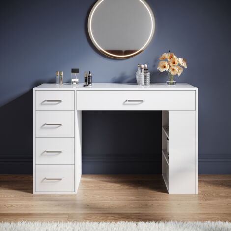 ELEGANT Dressing Table, Modern Bedroom High Gloss Dresser Table with 5 Drawers and Open Compartments, Suitable for Bedrooms and Various Scenes, White, 1200×400×750mm