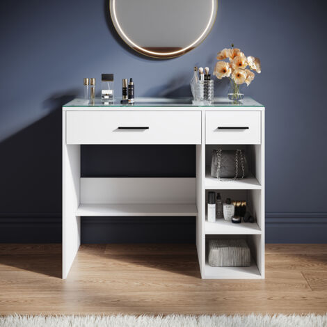ELEGANT Dressing Table, Modern Bedroom Dresser Table with 2 Drawer High Gloss Makeup Vanity Storage Desk, Suitable for Bedrooms and Various Scenes, White, 900×400×770mm (1/5)