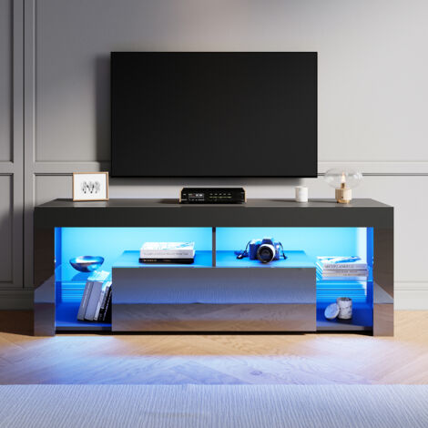 ELEGANT Modern TV Stands with LED Lights, Open Glass Shelves and Flip-Down Door Compartment, Suitable for Living Room and Bedroom, Black, 1400x350x505mm (1/5)