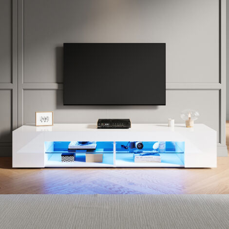 ELEGANT High Gloss TV Stand with LED Lights, Floor Stand TV Unit with Open Glass Shelves, Suitable for Living Room & Bedroom, White, 1600x390x300mm (1/5)