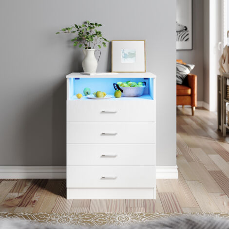 ELEGANT Chest of Drawers High Gloss 4 Drawer and LED Light with Aluminum Handle, Modern Furniture Perfect for Bedroom or Home Storage, White, 600x400x830mm