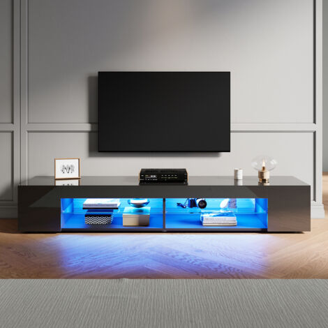 ELEGANT High Gloss TV Stand with LED Lights, Floor Stand TV Unit with Open Glass Shelves, Suitable for Living Room & Bedroom, Black, 1800x390x300mm