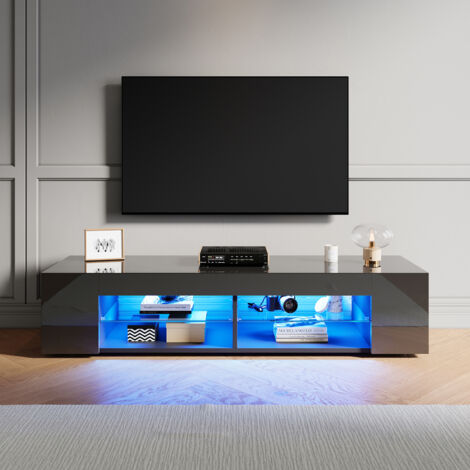 ELEGANT High Gloss TV Stand with LED Lights, Floor Stand TV Unit with Open Glass Shelves, Suitable for Living Room & Bedroom, Black, 1350x390x300mm (1/5)