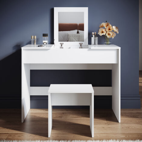 ELEGANT Dressing Table with Stool and Folding Mirrorr, Modern Bedroom Dressing Table Set, High Gloss Tabletop with Hidden Drawer, White, 100x450x760mm (1/4)