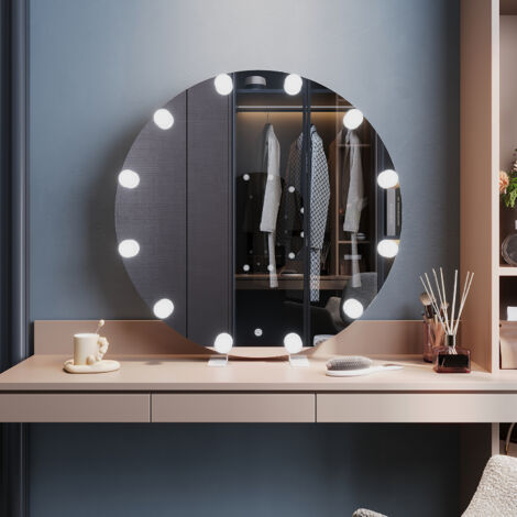 ELEGANT Freestanding Mirrors with Memory Function Dimmable LED 3 Lighting Modes and 12 Removable Light Bulbs, Built-In Socket, Wall-Mounted or Desktop, 800 x 800 x 35mm