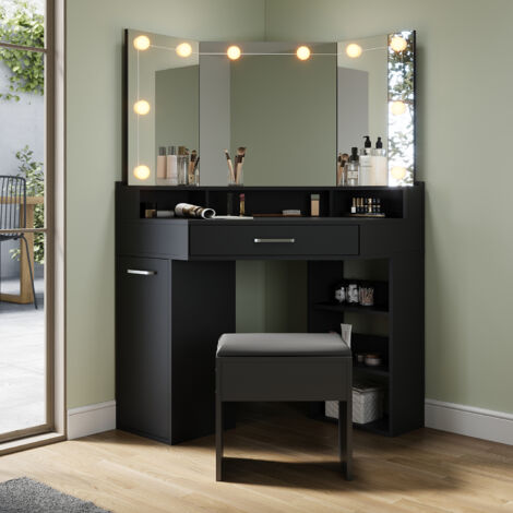 ELEGANT Corner Dressing Table with 3 Large Movable Triple Mirror, 3 Open Compartments and 2 Drawers, Black Design Dresser Set with Stool + LED Mirror Lights (1/5)