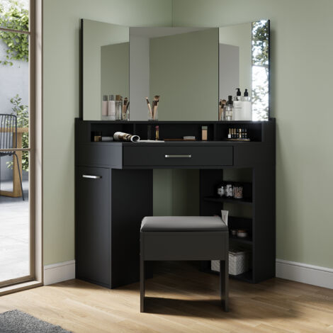 ELEGANT Corner Dressing Table with 3 Large Movable Triple Mirror, 3 Open Compartments and 2 Drawers, Black Design Dresser Set with Stool (1/5)