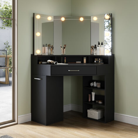 ELEGANT Corner Dressing Table with 3 Large Movable Triple Mirror, 3 Open Compartments and 2 Drawers, Black Design Single Dresser Table + LED Mirror Lights