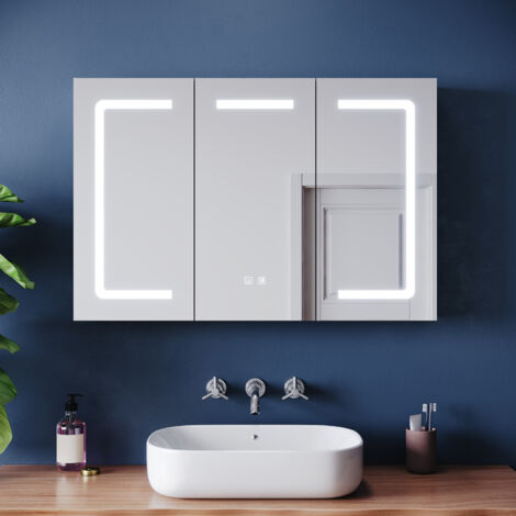 ELEGANT Bathroom Anti-Fog LED Three-Door Mirror Cabinet with Dual Touch Switch, Three Color Temperatures + Infinite Dimming + Power-Off Memory, Light Brown, 900x600x125mm