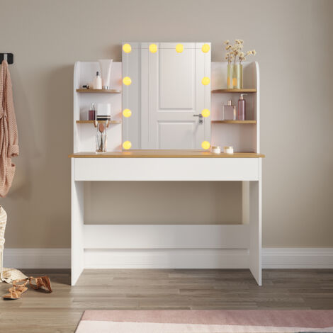ELEGANT Dressing Table with LED Lights, Three lights mode Vanity Table, Makeup Desk with Drawer and Open shelves 108x40x140cm, White/Oak, without Stool