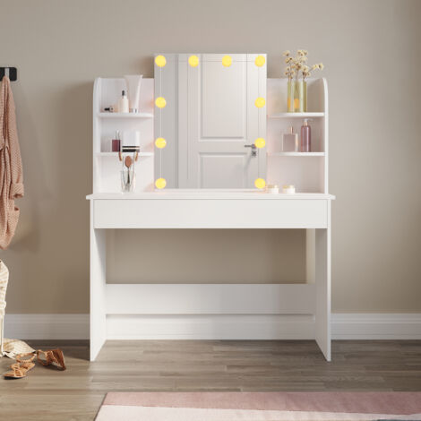 ELEGANT Dressing Table with LED Lights, Three lights mode Vanity Table, Makeup Desk with Drawer and Open shelves 108x40x140cm, White, without Stool