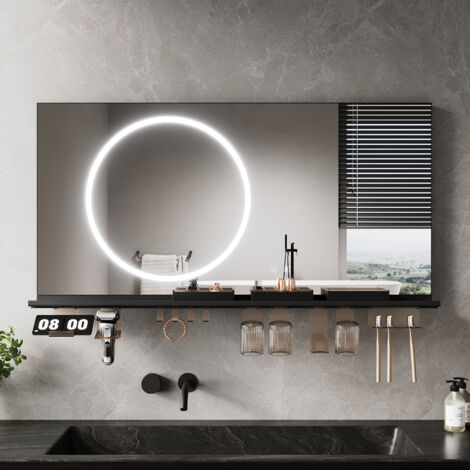 ELEGANT Anti-Fog LED Bathroom Mirror with Storage Shelf, 3 Color Lighting and Adjustable Lighting, 1200×600, Circular Light Strip