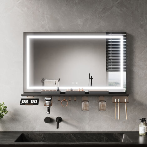 ELEGANT Anti-Fog LED Bathroom Mirror with Storage Shelf, 3 Color Lighting and Adjustable Lighting, 1000×600, 4-Sided Light Strip