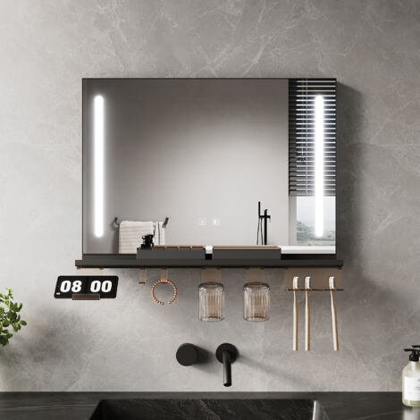 ELEGANT Anti-Fog LED Bathroom Mirror with Storage Shelf, 3 Color Lighting and Adjustable Lighting, 700×500, Dual Side Light Strips