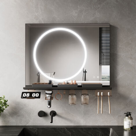 ELEGANT Anti-Fog LED Bathroom Mirror with Storage Shelf, 3 Color Lighting and Adjustable Lighting, 800×600, Circular Light Strip