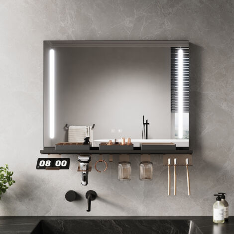 ELEGANT Anti-Fog LED Bathroom Mirror with Storage Shelf, 3 Color Lighting and Adjustable Lighting, 800×600, Dual Side Light Strips