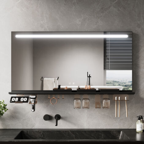 ELEGANT Anti-Fog LED Bathroom Mirror with Storage Shelf, 3 Color Lighting and Adjustable Lighting, 1200×600, Top Light Strip