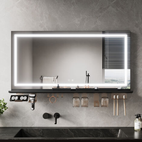 ELEGANT Anti-Fog LED Bathroom Mirror with Storage Shelf, 3 Color Lighting and Adjustable Lighting, 1200×600, 4-Sided Light Strip