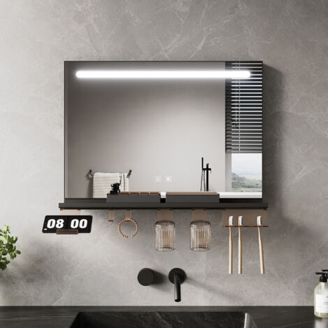 ELEGANT Anti-Fog LED Bathroom Mirror with Storage Shelf, 3 Color Lighting and Adjustable Lighting, 700×500, Top Light Strip