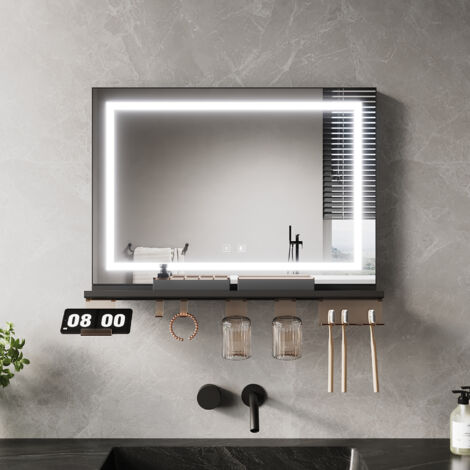ELEGANT Anti-Fog LED Bathroom Mirror with Storage Shelf, 3 Color Lighting and Adjustable Lighting, 700×500, 4-Sided Light Strip