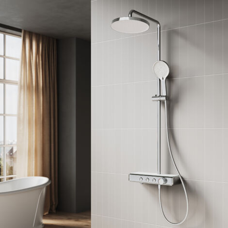 Elegant – Thermostatic mixer shower with safety lock – 3 water flow modes: overhead, handheld, drain – Anti-scalding technology – Chrome stainless steel (1/5)