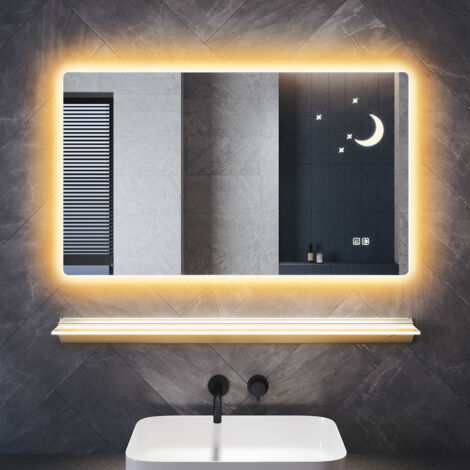 ELEGANT Bathroom LED Mirror with Shaver Socket Anti-Fog and 3 Lighting Modes Illuminated Frosted Glass Shelf, Moon-Star Design 1000x600mm
