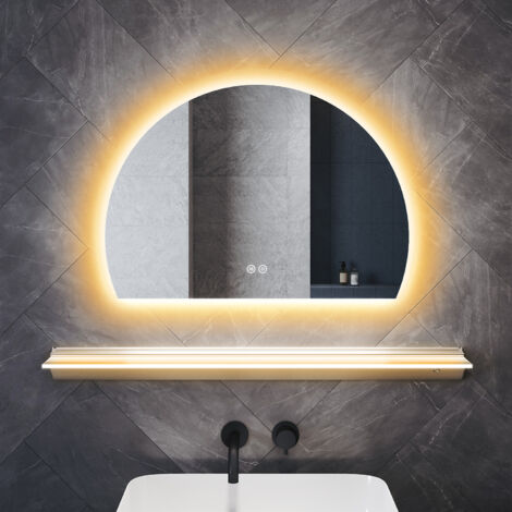 ELEGANT Bathroom LED Mirrors with Anti-Fog 3 Lighting Modes and Dimming Illuminated Frosted Glass Shelf, Semicircle 700x500mm