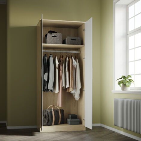 ELEGANT Modern High Gloss Soft Close 2 Doors Wardrobe with Mirror and Metal Handles Includes a removable hanging rod and storage shelves, White/Oak