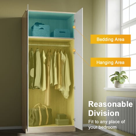 ELEGANT Modern High Gloss Soft Close 2 Doors Wardrobe with Mirror and Metal Handles Includes a removable hanging rod and storage shelves, White/Oak