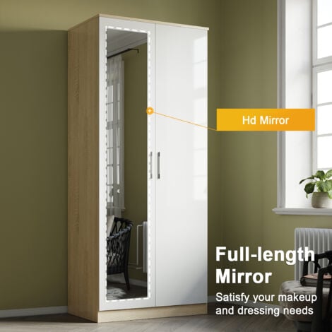 ELEGANT Modern High Gloss Soft Close 2 Doors Wardrobe with Mirror and Metal Handles Includes a removable hanging rod and storage shelves, White/Oak