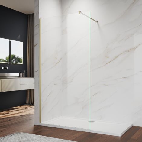 ELEGANT Shower Screens Brushed Gold Walk In Shower Enclosure 8mm Easy Clean Glass Wetroom Shower Screen Panel, 800mm