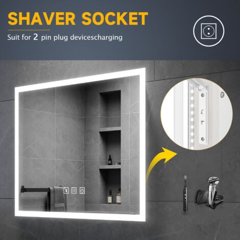 ELEGANT Backlit Illuminated Bathroom LED Mirror 600x500mm, Anti-foggy Wall Mounted Mirror with Shaver Socket and Bluetooth Speakers