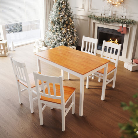 ELEGANT Solid Wooden Dining Table and 4 Chairs Dining Kitchen Furniture - Honey, Natural Pine (1/5)