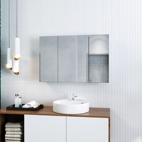 600 x 900 Stainless Steel Bathroom Mirror Cabinet Modern Triple Door Storage Unit 