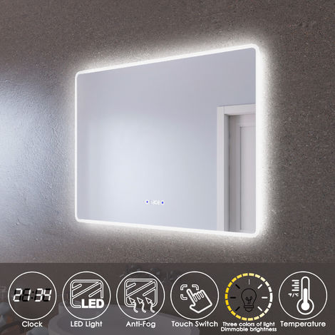 ELEGANT LED Illuminated Bathroom Mirror 900 x 700mm with Clock Temperature Display Anti-foggy Led Mirror Three Color Mode
