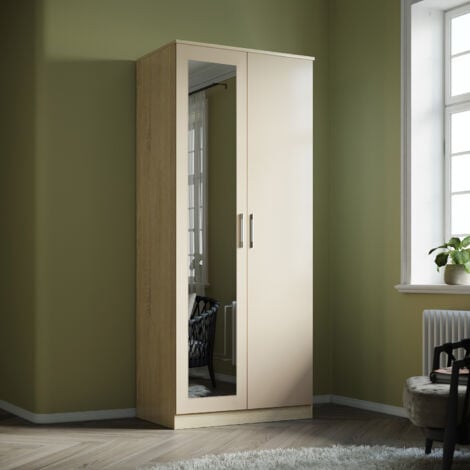 ELEGANT Soft Close 2 Door Wardrobe High Gloss with Mirror Cream/Oak 1780x760x450mm Bedroom Furniture