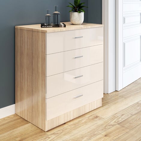ELEGANT Modern High Gloss 4 Spacious Drawer Chest with Metal Handles for Bedroom or Home Storage Organizer, CREAM/OAK