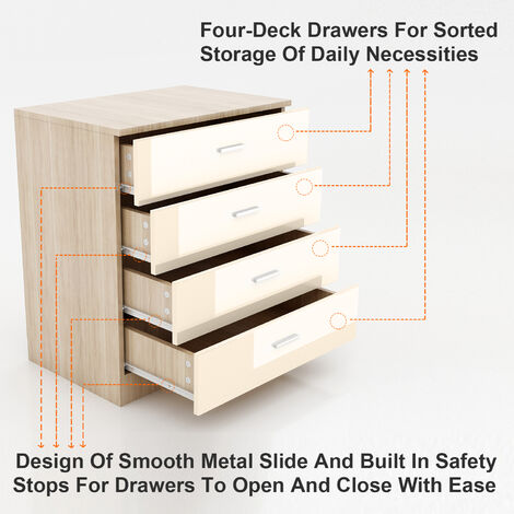 ELEGANT Modern High Gloss 4 Spacious Drawer Chest with Metal Handles for Bedroom or Home Storage Organizer, Cream/Oak