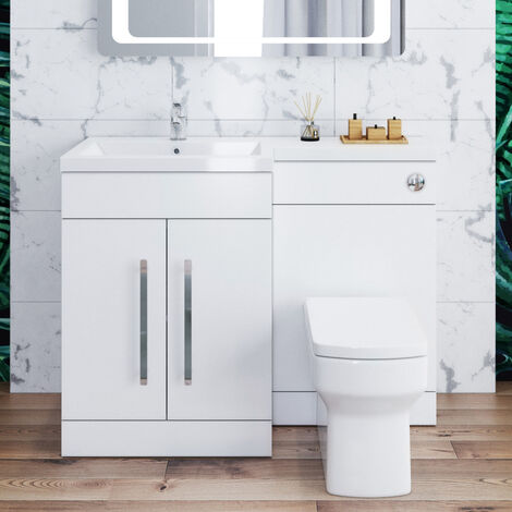 ELEGANT 1100mm L Shape Bathroom Vanity Sink Unit Storage.Left Hand High Gloss White Vanity unit + Basin + Ceramic Square Toilet with Concealed Cistern + toilet brush