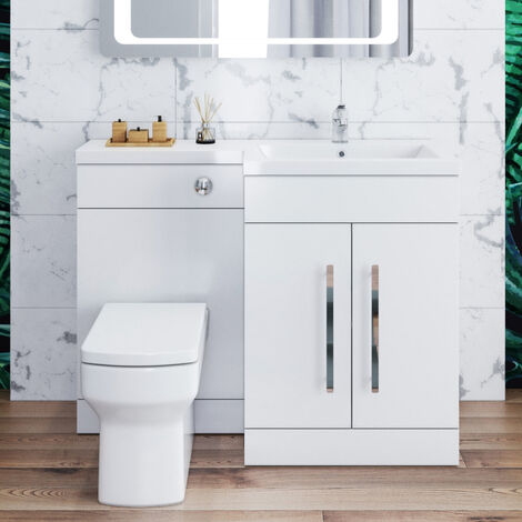 ELEGANT 1100mm L Shape Bathroom Vanity Sink Unit Storage.Right Hand High Gloss White Vanity unit + Basin + Ceramic Square Toilet with Concealed Cistern + toilet brush