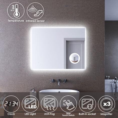 ELEGANT LED Illuminated Bathroom Mirror with Infrared Sensor 900 x 700mm with 3 Times Magnifying Glass Shaving Socket Clock Display Anti-foggy Led Mirror