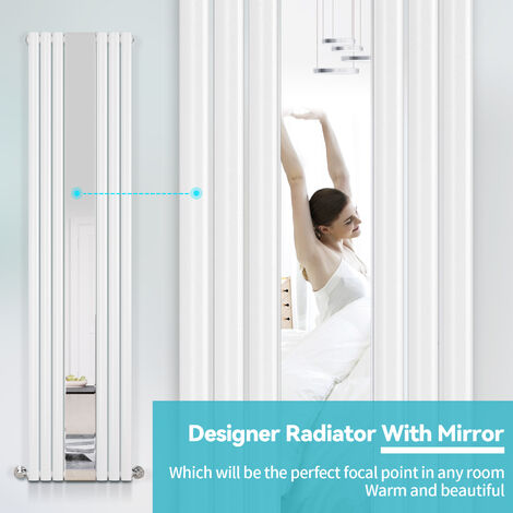 ELEGANT Anthracite White Radiator Single Oval Panel Central Heating Radiators 1800x499mm with Mirror, Angled Radiator Valves