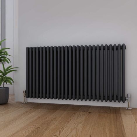 ELEGANT Traditional Radiator Anthracite Triple Horizontal Cast Iron Grey Radiator - Perfect for Kithcen, Living Room, Bathroom Radiators 3 Column 600 x 1190 mm + Angled Radiator Valves